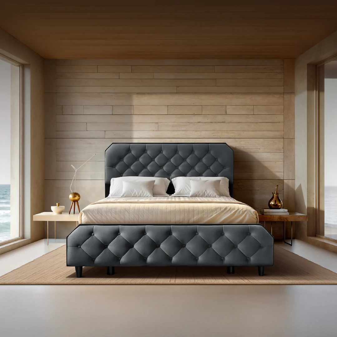 Wave Twin Adjustable Bed with Serene Grey (Stormy Weather) Upholstered Bed with Quboid 8" (20.3 cm), and 2 Fitted Bedsheets